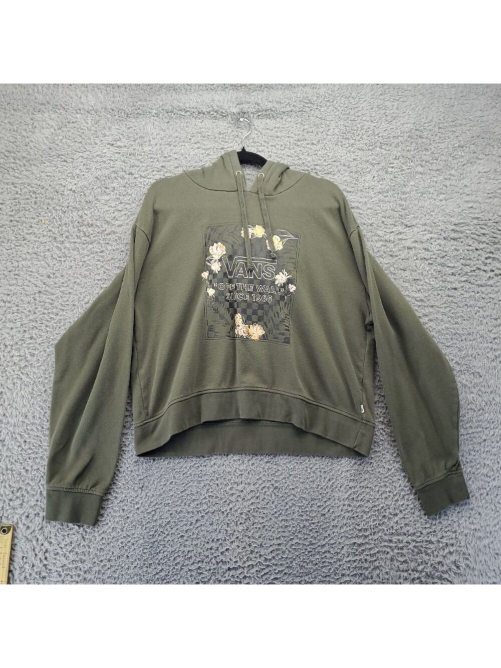 Vans Hoodie Womens XL Green Floral Print Cropped Pullover Casual Sweatshirt